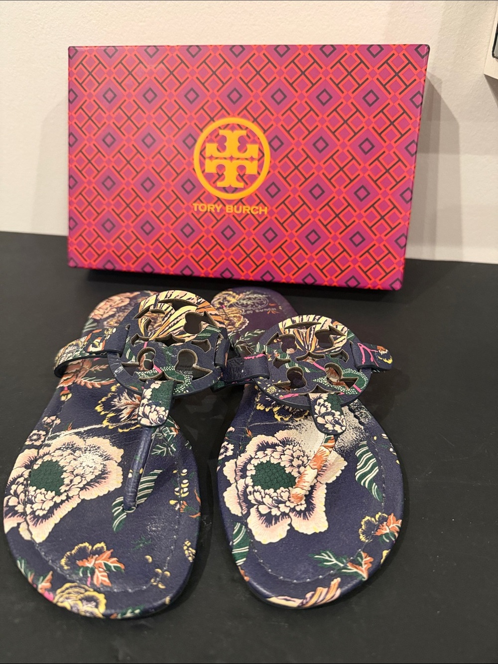 Tory Burch Navy Floral Logo Thong Sandals